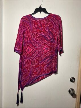 Maggie Shepherd Vintage Silk Asymmetrical Long Sleeve Top Piped Edges Medium